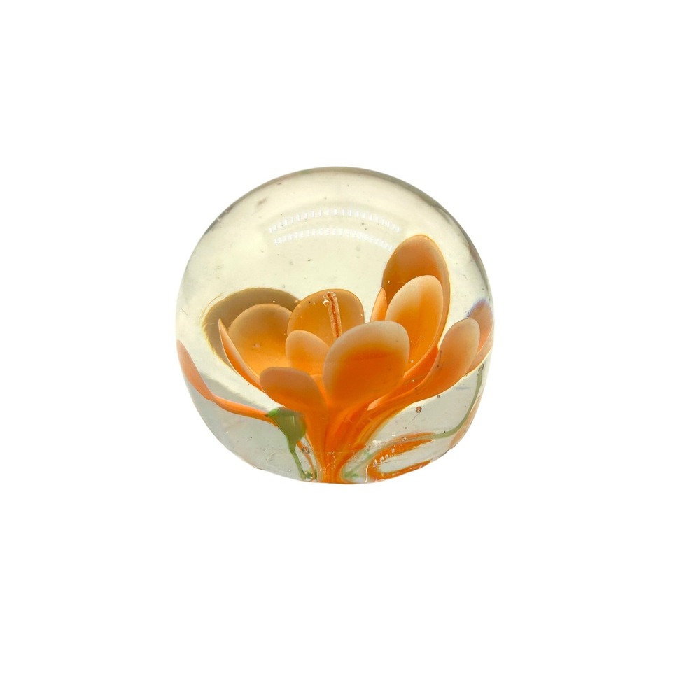 Vintage Art Glass Paperweight Orange Lampwork Flower Controlled Bubble Round
